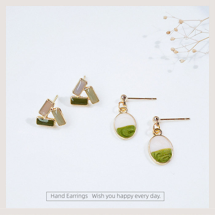 Gold-Tone Green Enamel Oval Drop and Bar Cluster Studs