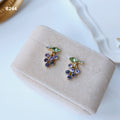 Purple Crystal Grape Cluster Green Leaf Gold Stud Earrings view 3
