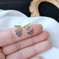 Purple Crystal Grape Cluster Green Leaf Gold Stud Earrings view 4