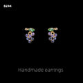 Purple Crystal Grape Cluster Green Leaf Gold Stud Earrings view 6