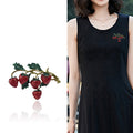 Red Enamel Strawberry Branch Brooch Gold Tone Leaf Pin view 2