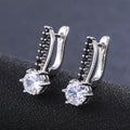 Clear or Black Stone Hoop Drop Earrings in Silver Tone view 1
