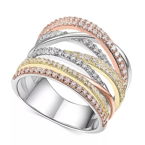 Tricolor Crossover Multirow Wide Ring Metal Jewelry Design shown in a front close-up