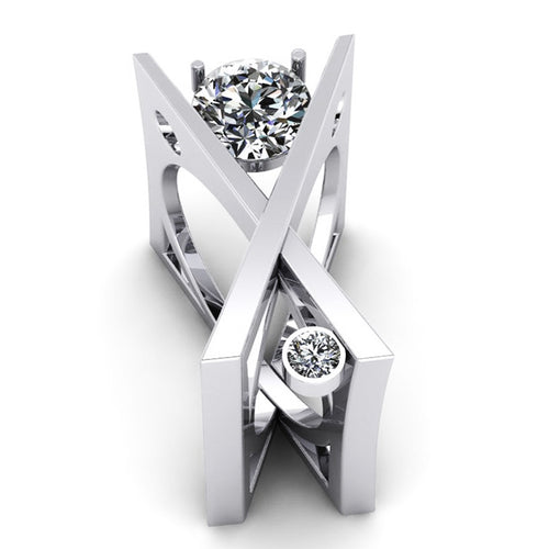 Top view silver X cross ring large and small clear stones white background