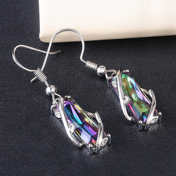 Multicolor Rectangular Stone Cage Long Drop Earrings Silver Tone