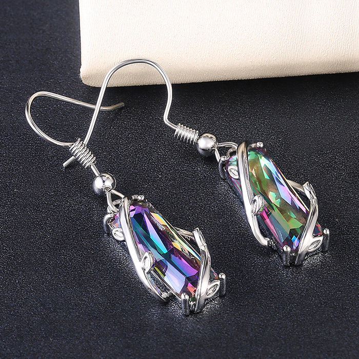 Multicolor Rectangular Stone Cage Long Drop Earrings Silver Tone