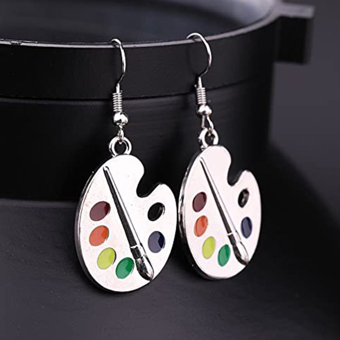Silver Artist Palette Multicolor Dangle Hook Earrings