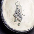 Ornate Silver Tone Chandelier Earrings with Green Drops view 2