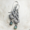 Ornate Silver Tone Chandelier Earrings with Green Drops view 1