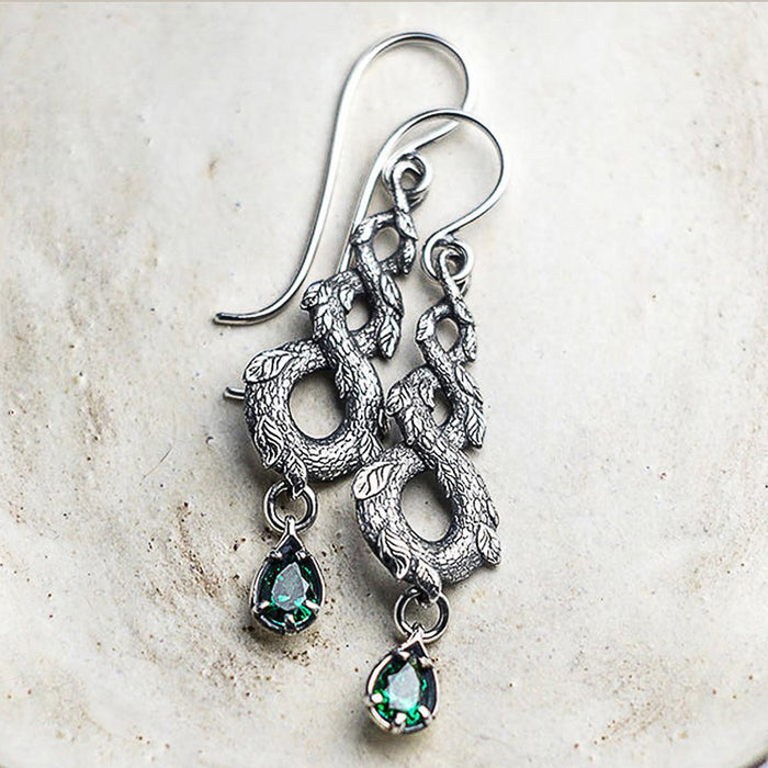 Ornate Silver Tone Chandelier Earrings with Green Drops