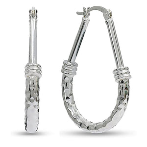 Silver Tone Hammered Teardrop Large Hoop Earrings Pair