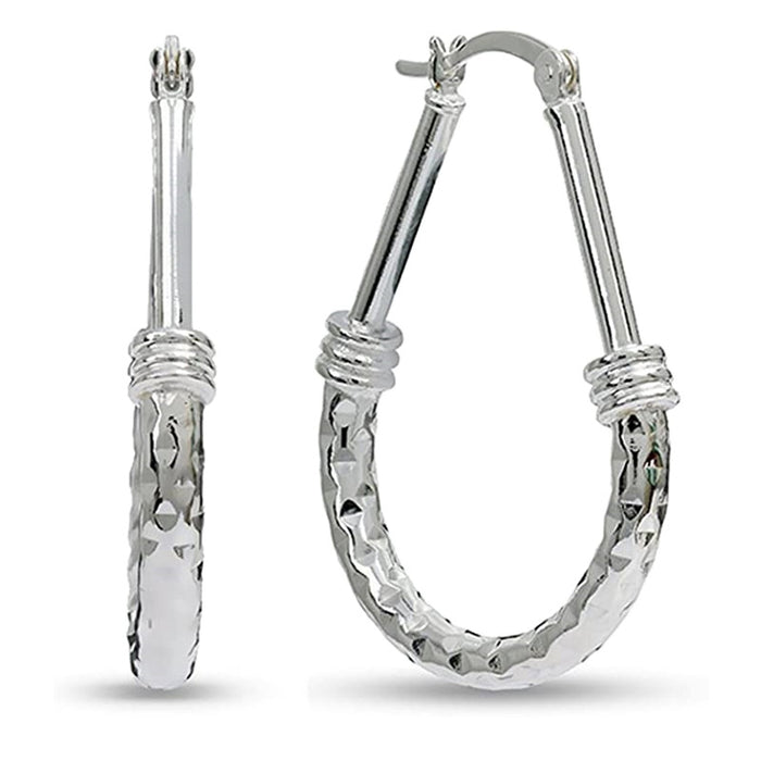 Silver Tone Hammered Teardrop Large Hoop Earrings Pair