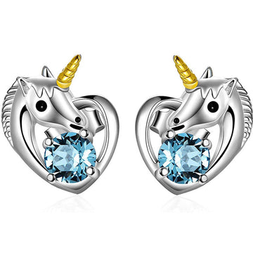 Silver Unicorn Heart Stud Earrings Gold Horn CZ Color Options