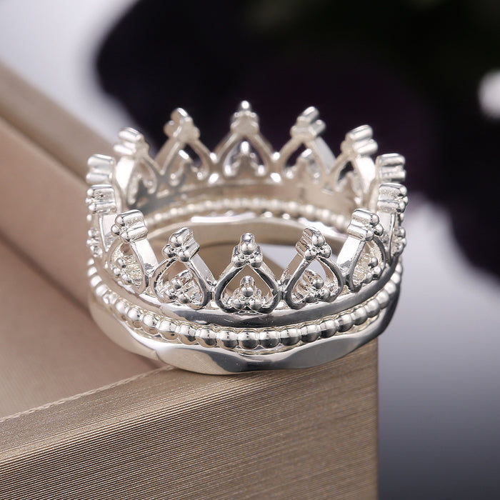 Stacked Crystal Crown Ring Set in Silver Tone Jewelry Accessory