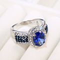 Blue Oval Stone Double Halo Silver Tone Ring Jewelry Accessory view 3