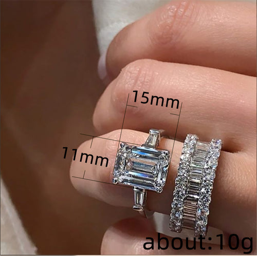 Silver Tone Emerald Cut Crystal Two Piece Ring Set angled detail