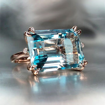 Oversized Aqua Rectangular Solitaire Ring In Polished Rose Tone