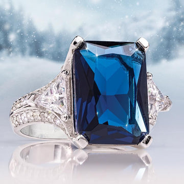Deep Blue Rectangular Center Three-Stone Wide Ring In Silver Tone