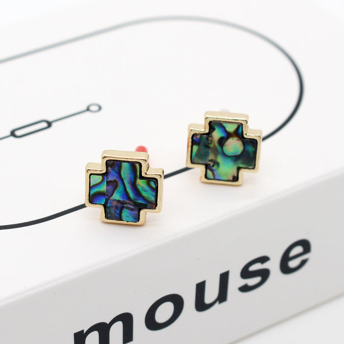 Gold Tone Abalone Shell Cross Stud Earrings with Geometric Frame