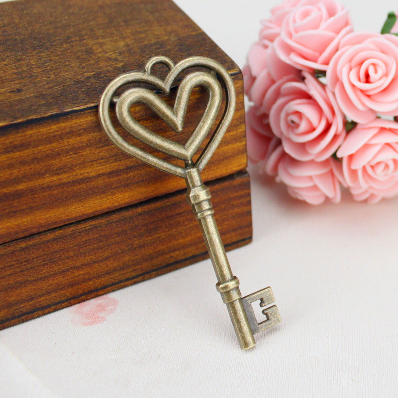 Vintage Alloy Double Heart Key Charm Pendant 69x31mm