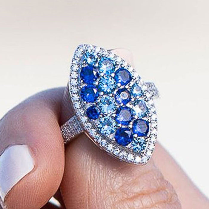 Silver Tone Blue Marquise Cluster Statement Ring Polished Metal Jewelry
