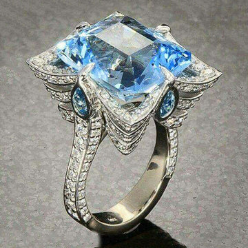 Silver Light Blue Square Center CZ Pave Wing Statement Ring