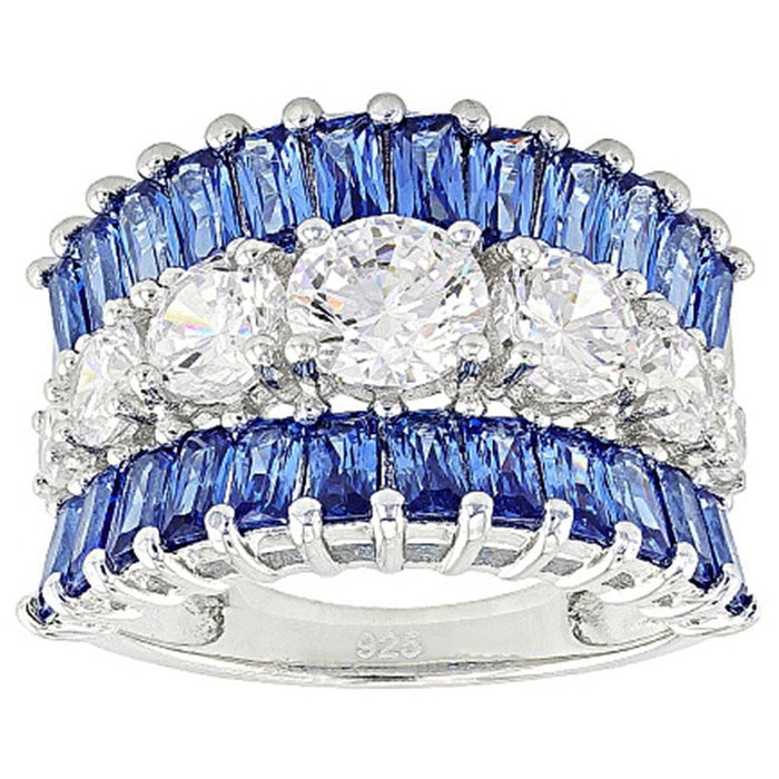 Blue Baguette and Clear Crystal Wide Band Statement Ring