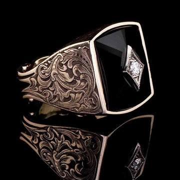 Black Square Signet Ring with Clear Diamond Accent
