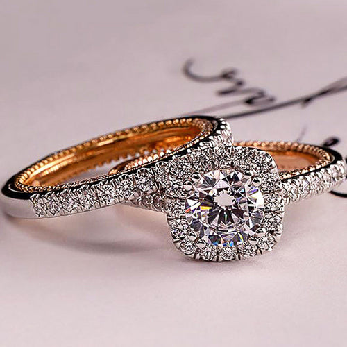Rose Gold and Silver Tone Round Halo Two Piece Ring Set shown in product close-up