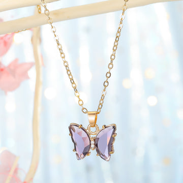 Gold Tone Faceted Butterfly Crystal Pendant Necklaces in Four Colors
