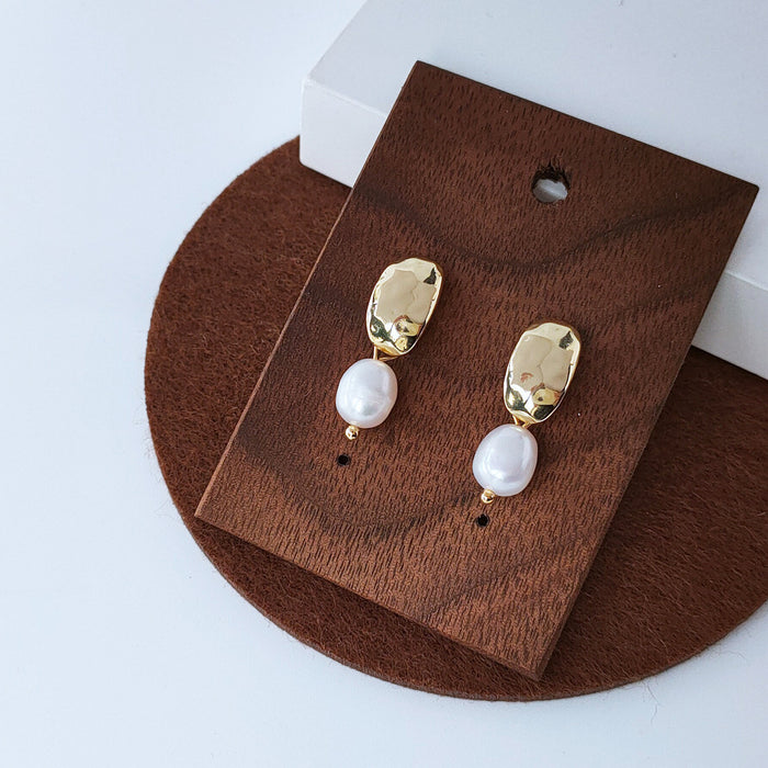 Gold Hammered Plate Freshwater Pearl Drop Earrings