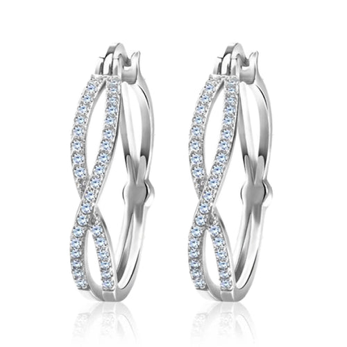 Twisted Crystal Hoop Earrings in Three Metal Tones angled detail