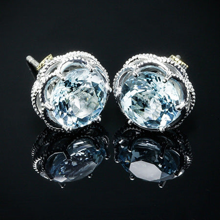 Blue Hexagon CZ Stud Earrings Silver Micro-Set Frame Pair