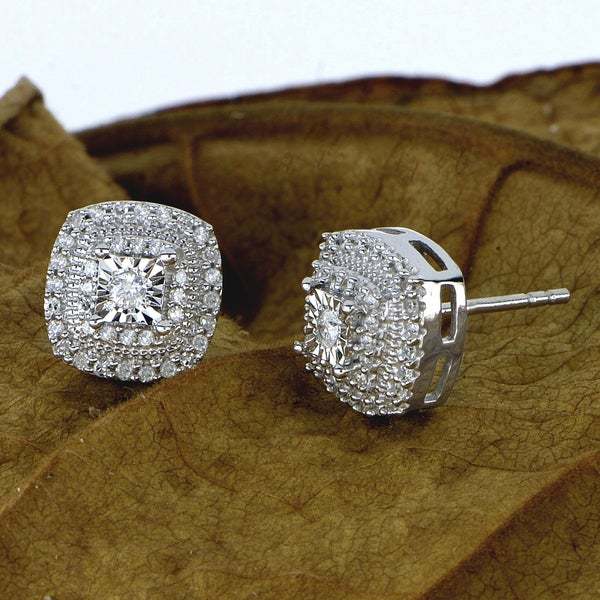 Square Double-Halo Clear Stone Stud Earrings In Silver Tone