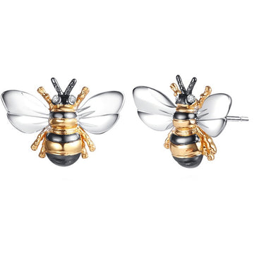 Two Tone Bee Stud Earrings Gold Silver Black Alloy