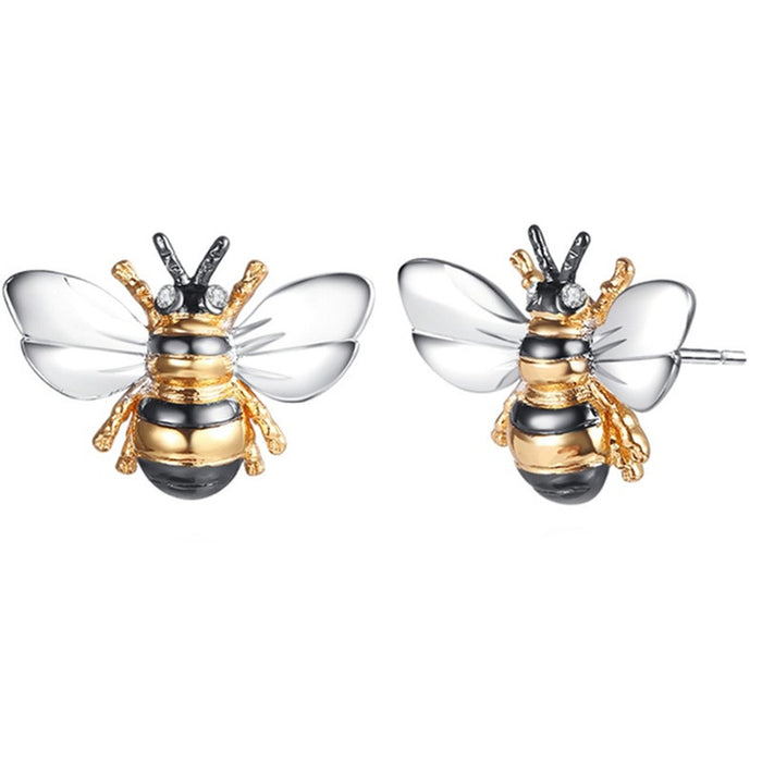 Two Tone Bee Stud Earrings Gold Silver Black Alloy