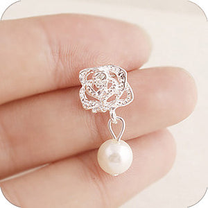 Silver-Tone Rose Filigree Stud Earrings with Pearl-Look Drops