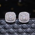 Square Double-Halo Clear Stone Stud Earrings In Silver Tone view 4