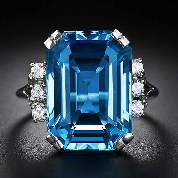 Oversized Aqua Rectangular Solitaire Cluster Ring In Silver Tone