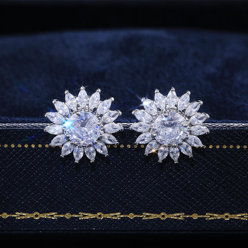 Sunburst Floral Pavé Stone Stud Earrings in Silver Tone shown in alternate angle