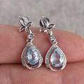 Silver Tone Blue Teardrop Crystal Flower Drop Earrings view 1