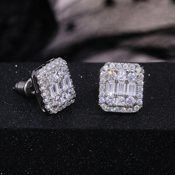 Silver Tone Rectangular Baguette Cluster Stud Earrings