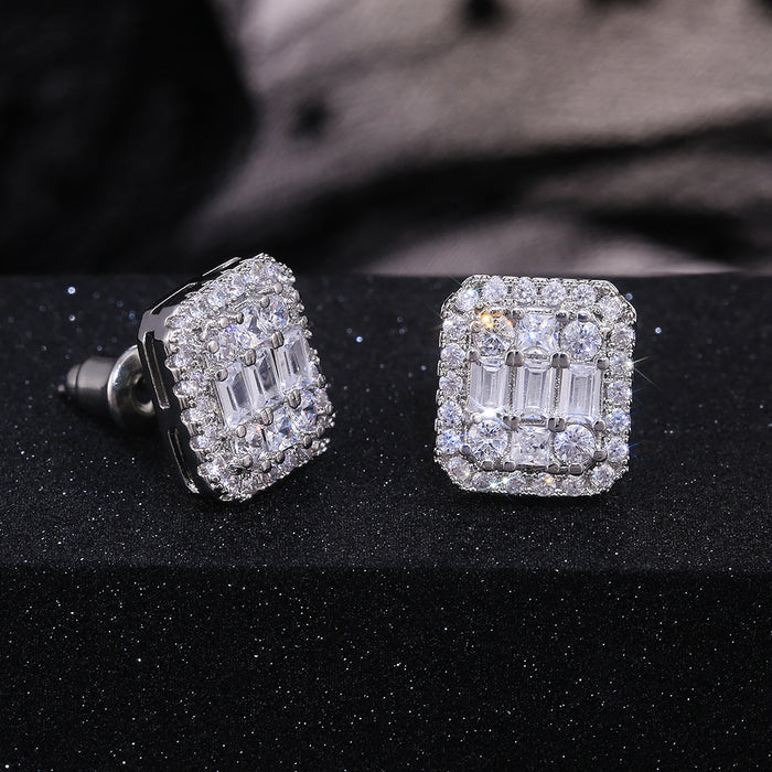 Silver Tone Rectangular Baguette Cluster Stud Earrings