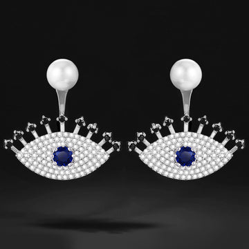 Silver Tone Blue Eye and Faux Pearl Jacket Earrings