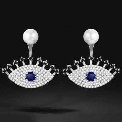 Blue Eye Faux Pearl Jacket Earrings front product view