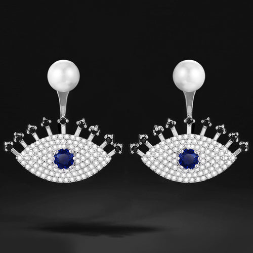 Blue Eye Faux Pearl Jacket Earrings front product view