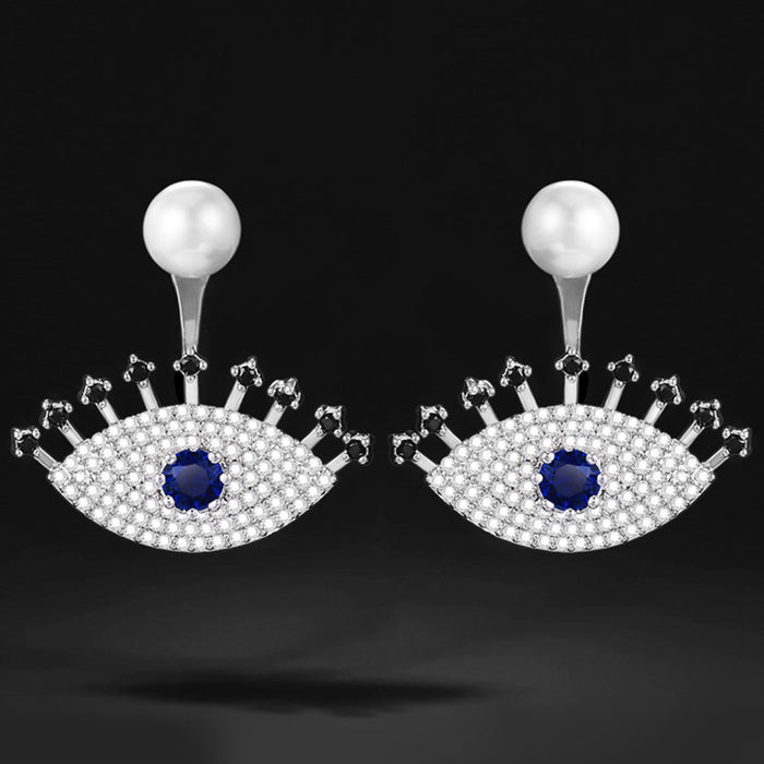 Silver Tone Blue Eye and Faux Pearl Jacket Earrings
