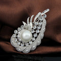 Black Silver Tone Pearl Crystal Feather Crystal Pearl Look Metal Brooch Pin view 3