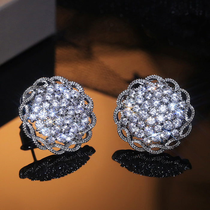 Silver Tone Round Crystal Cluster Stud Earrings Jewelry