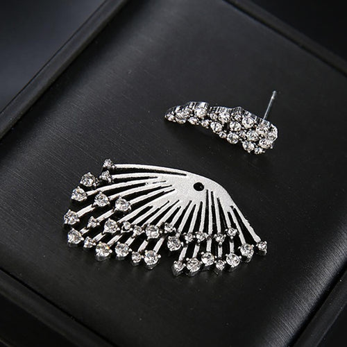 Silver Wing Fringe Statement Stud Earrings Metal Jewelry Design shown from an alternate angle